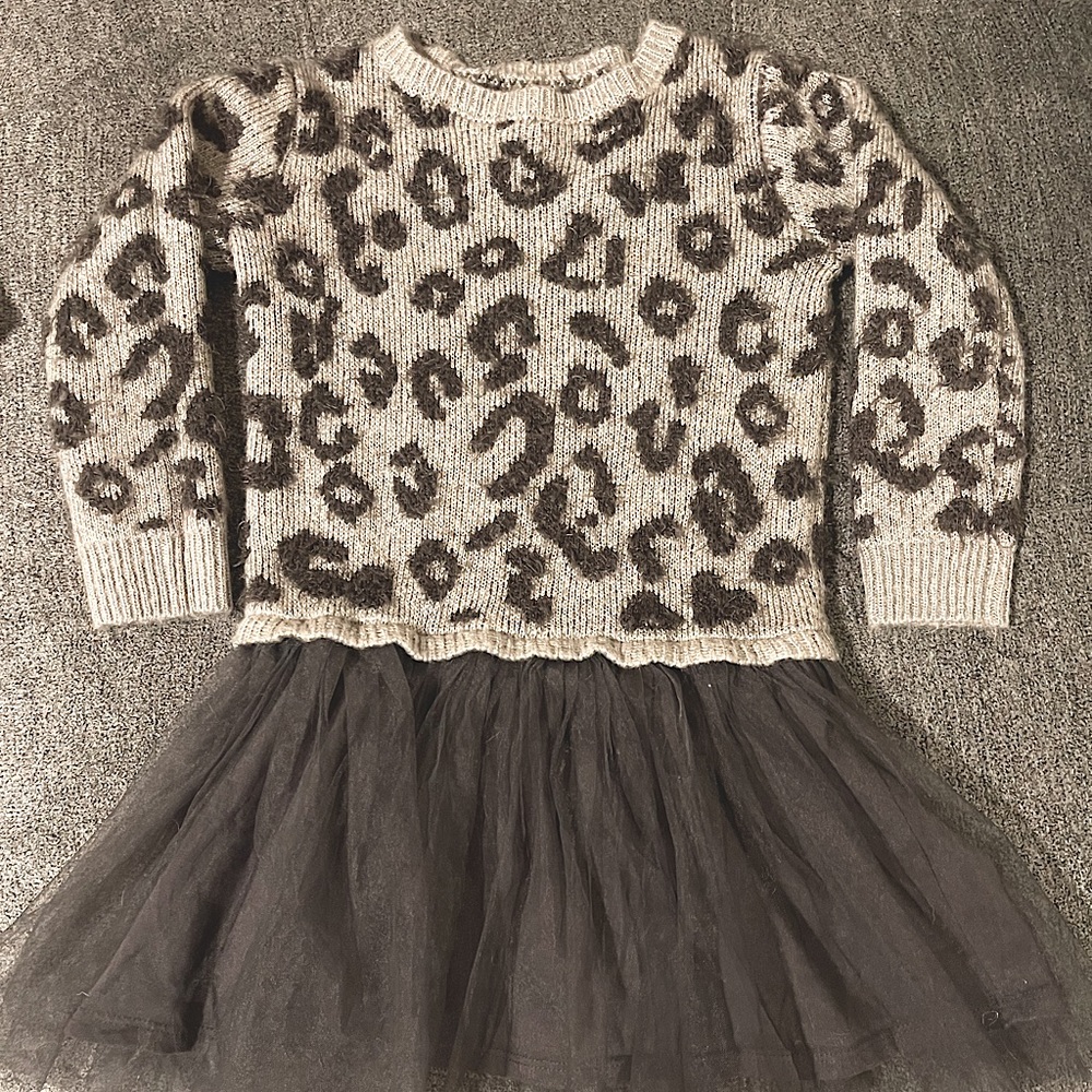 Black and grey leopard sweater dress with tulle squirt